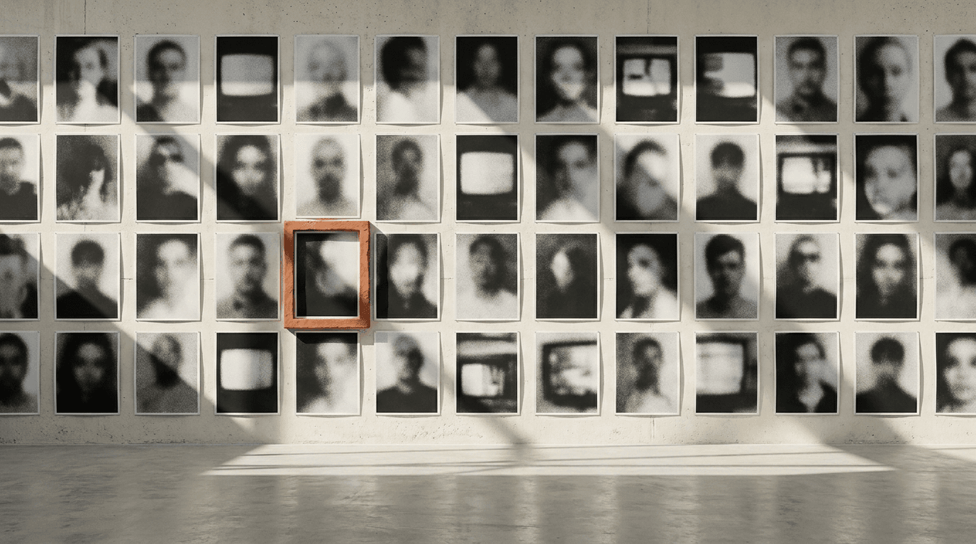 Muro con una grilla de láminas impresas, una destacada en marco terracotta